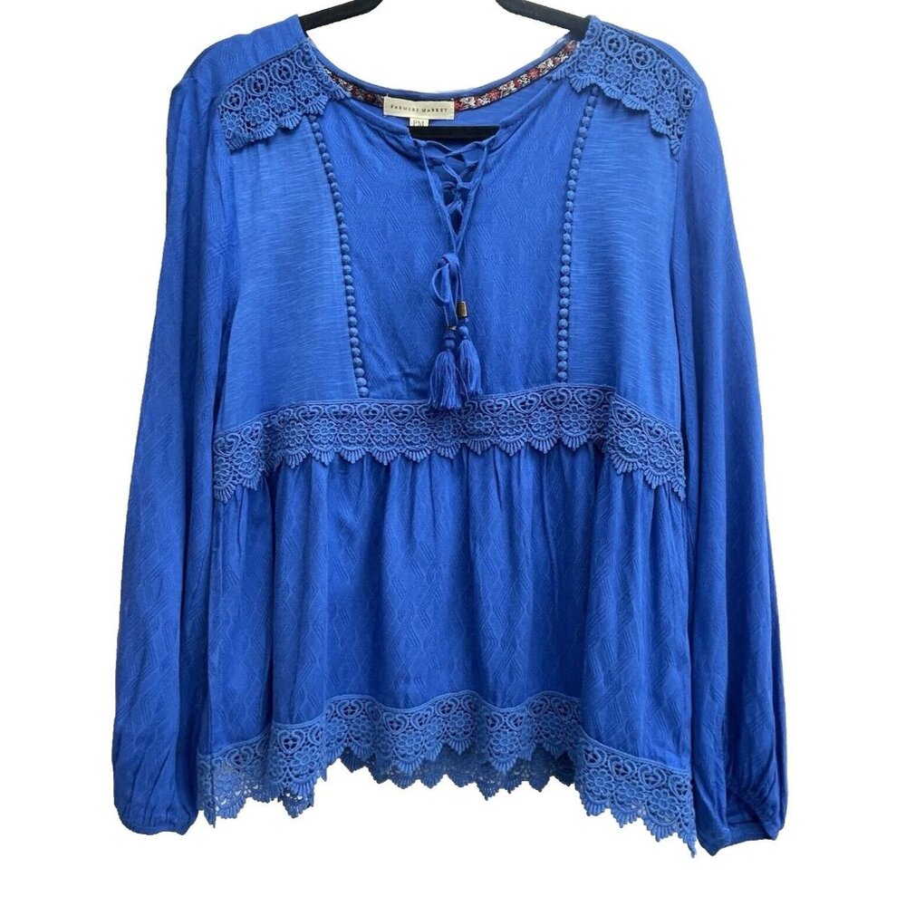 Farmers Market Women's Blouse Petite Medium 100% Rayon Lace V-Neck Boho Blue